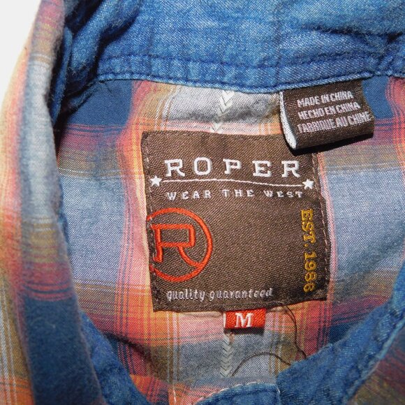 Roper Mens M Blue Cream Orange Plaid Snap Front Western Rodeo Shirt - Picture 5 of 12